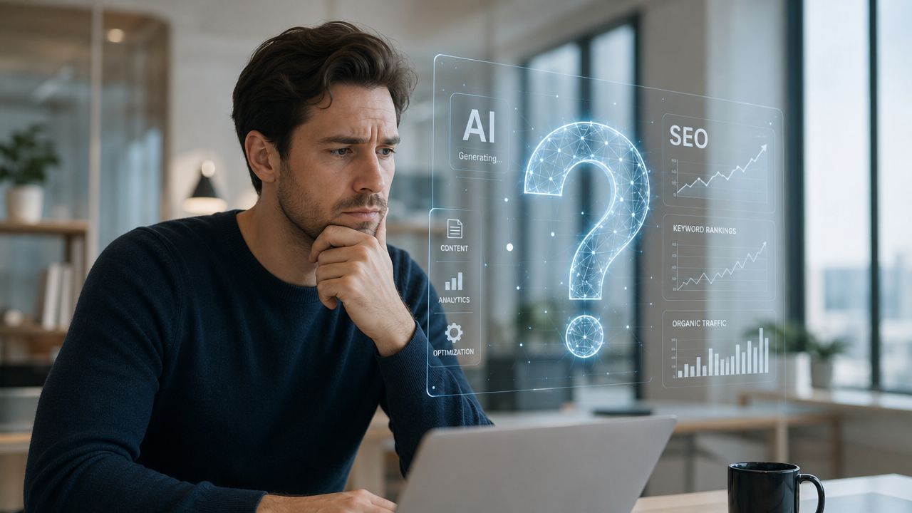 A concerned professional contemplating the impact of artificial intelligence on search engine optimization and digital marketing strategies.