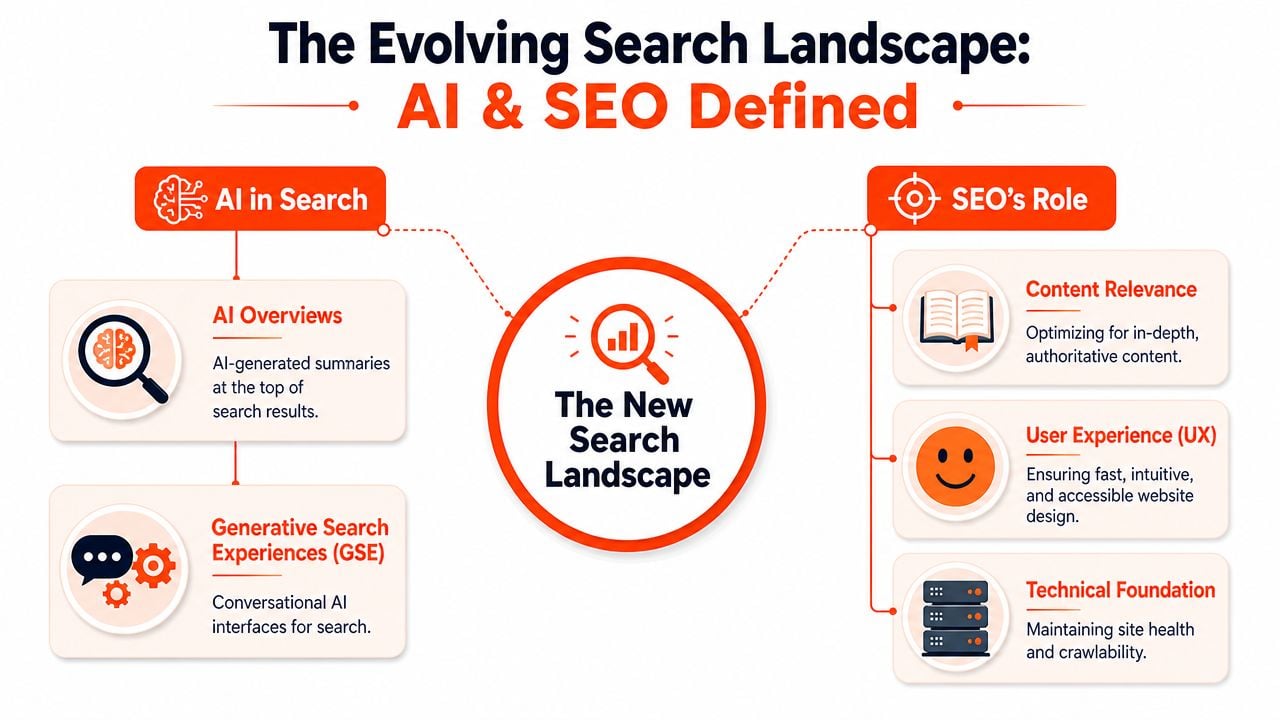 A diagram explaining how AI and SEO interact within the evolving modern search engine results landscape.