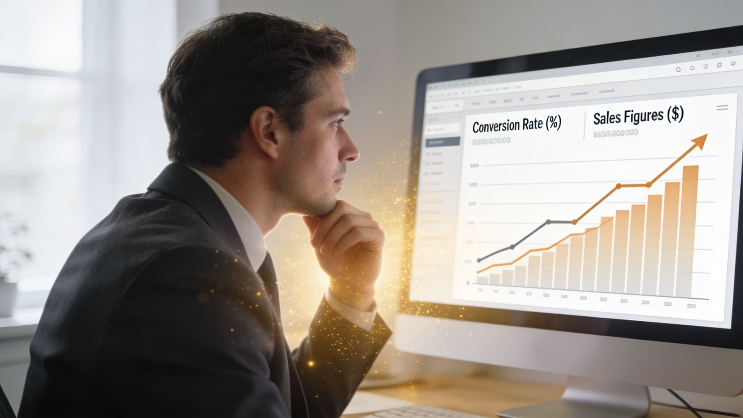 A professional man in a suit looking at a rising sales growth chart on a computer screen.