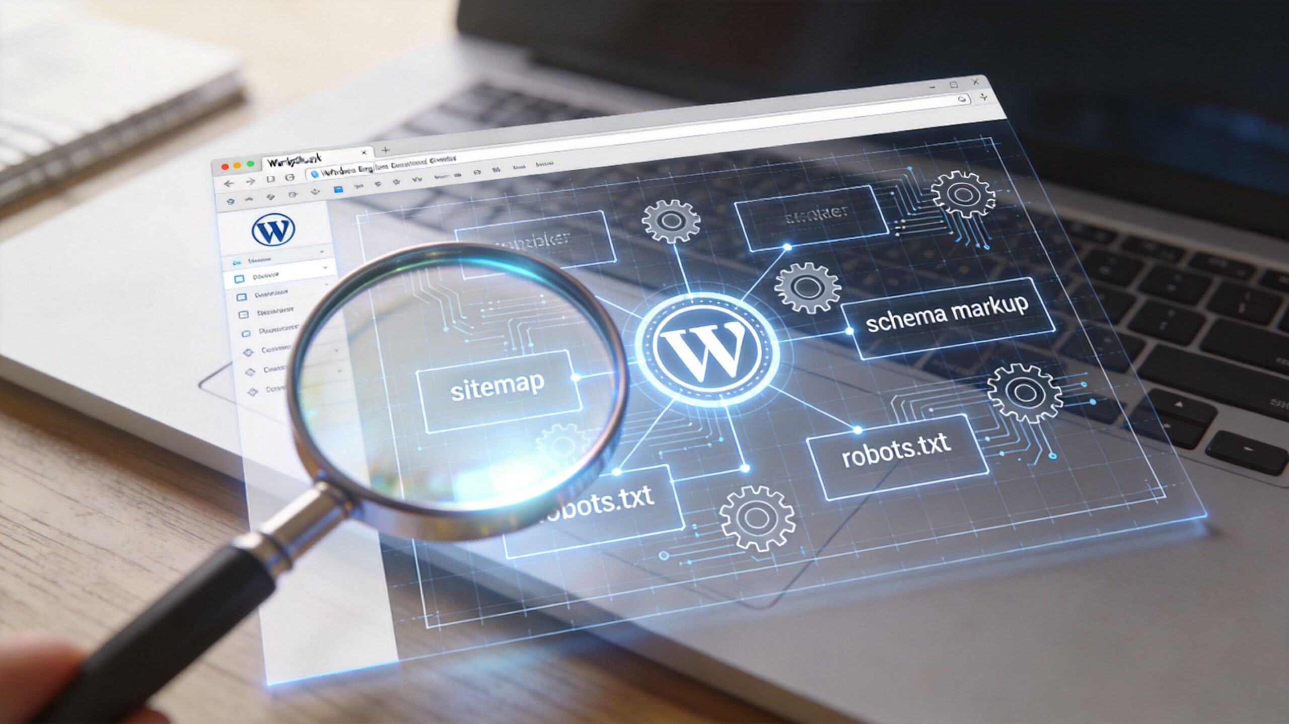 A magnifying glass inspecting a digital infographic showing WordPress search optimization elements like sitemaps and schema markup.