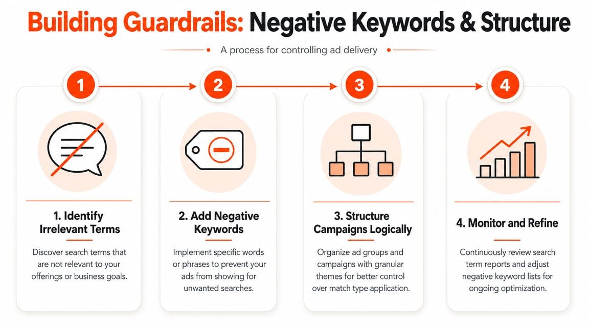 A four-step infographic illustrating the process of using negative keywords and logical structure for ad delivery control.