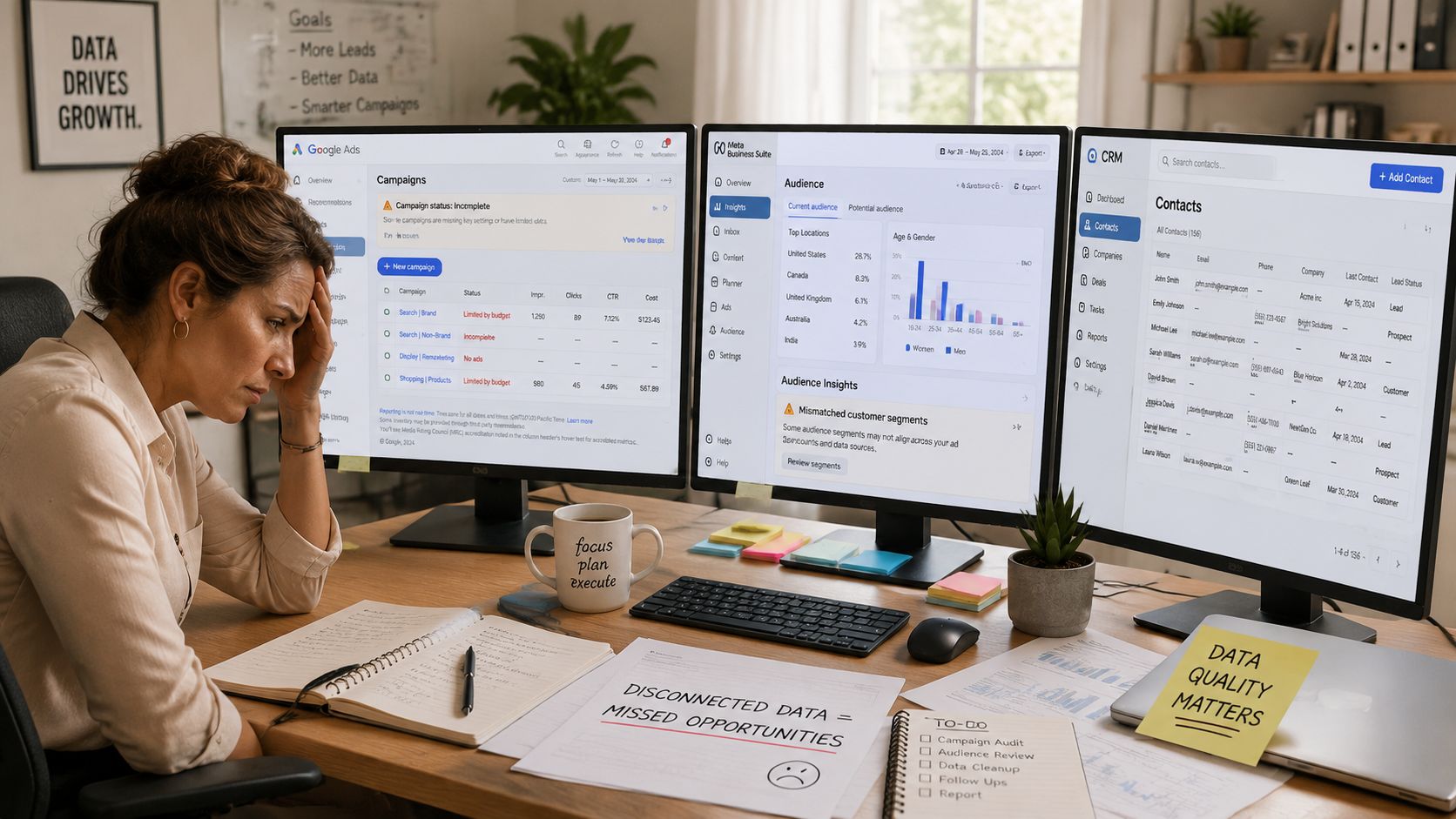 A stressed woman working at her desk with multiple monitors displaying data analytics and CRM software.