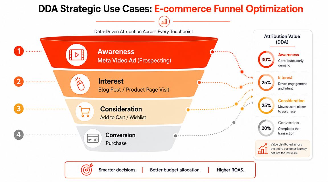A diagram illustrating data-driven attribution across an e-commerce sales funnel, showing how value is distributed at each stage.