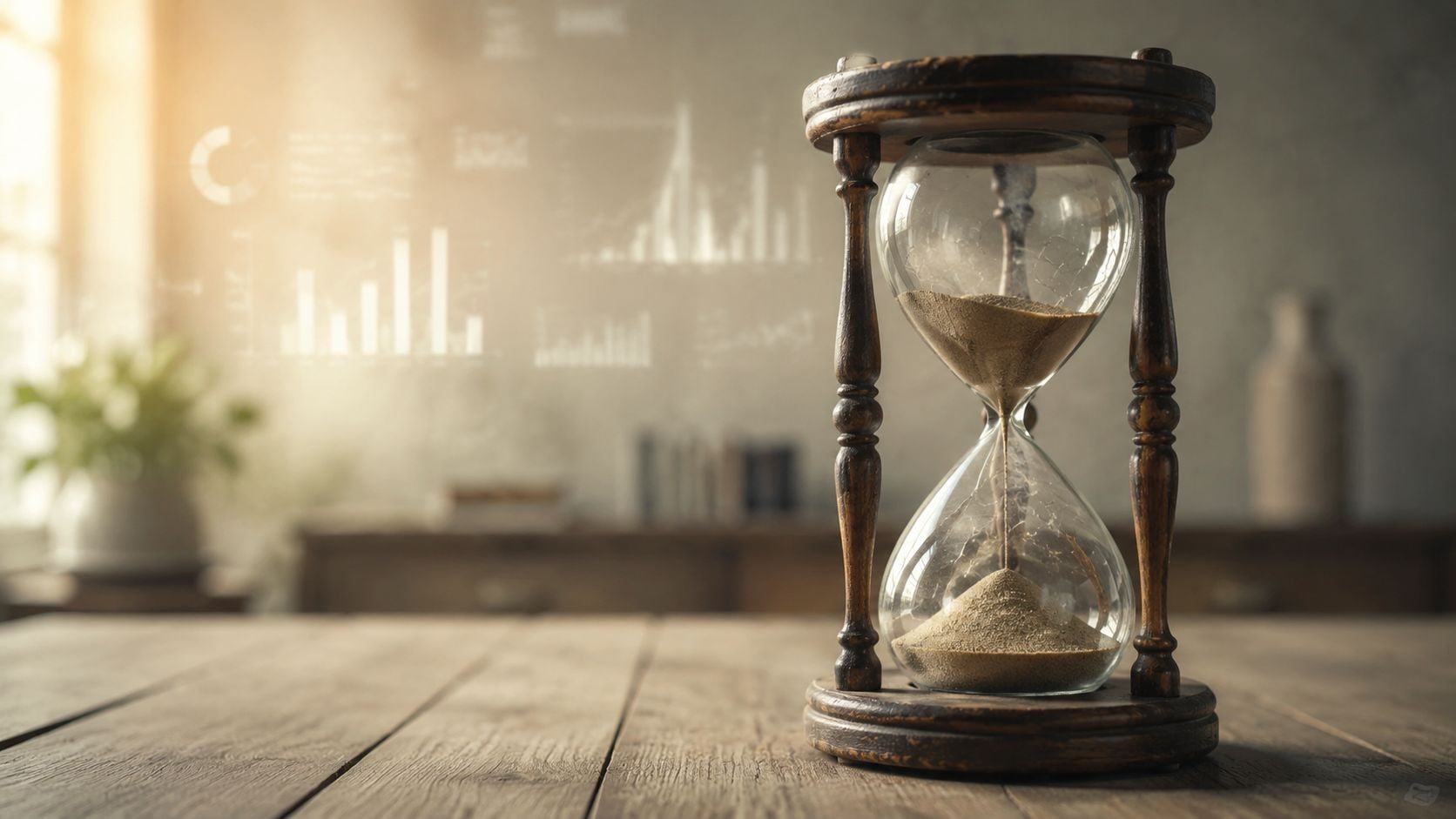 A classic hourglass on a wooden table with blurred financial data charts in the background.