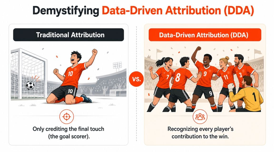 An infographic comparing traditional attribution to data-driven attribution using a soccer team metaphor for context.