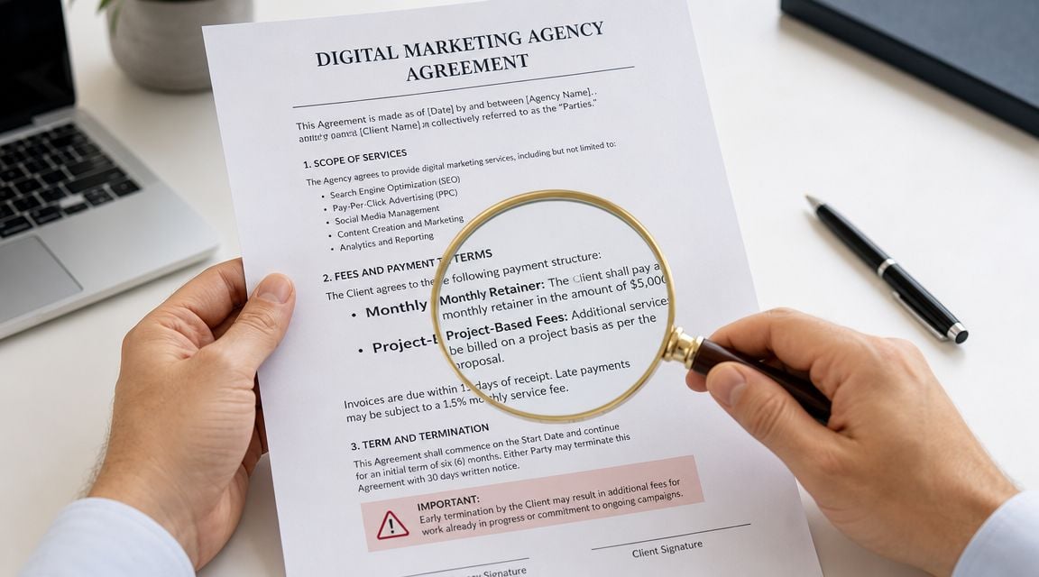 A businessman examining a digital marketing agency agreement contract with a magnifying glass at a desk.