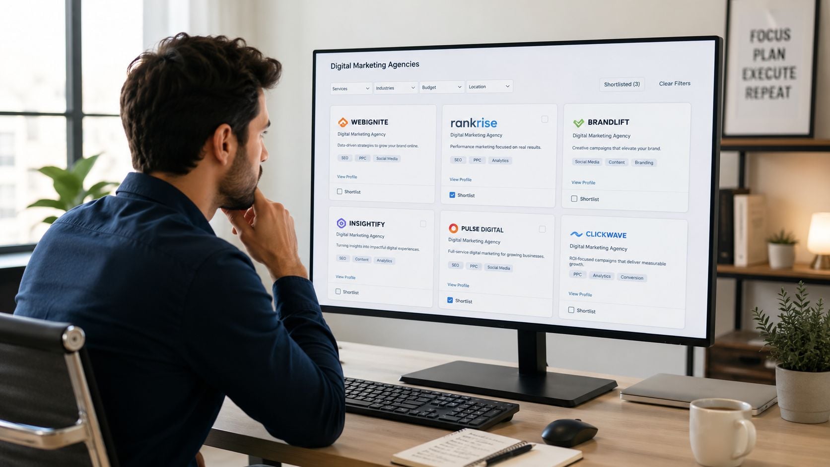 A professional man sitting at his desk analyzing digital marketing agency profiles on a large computer screen.