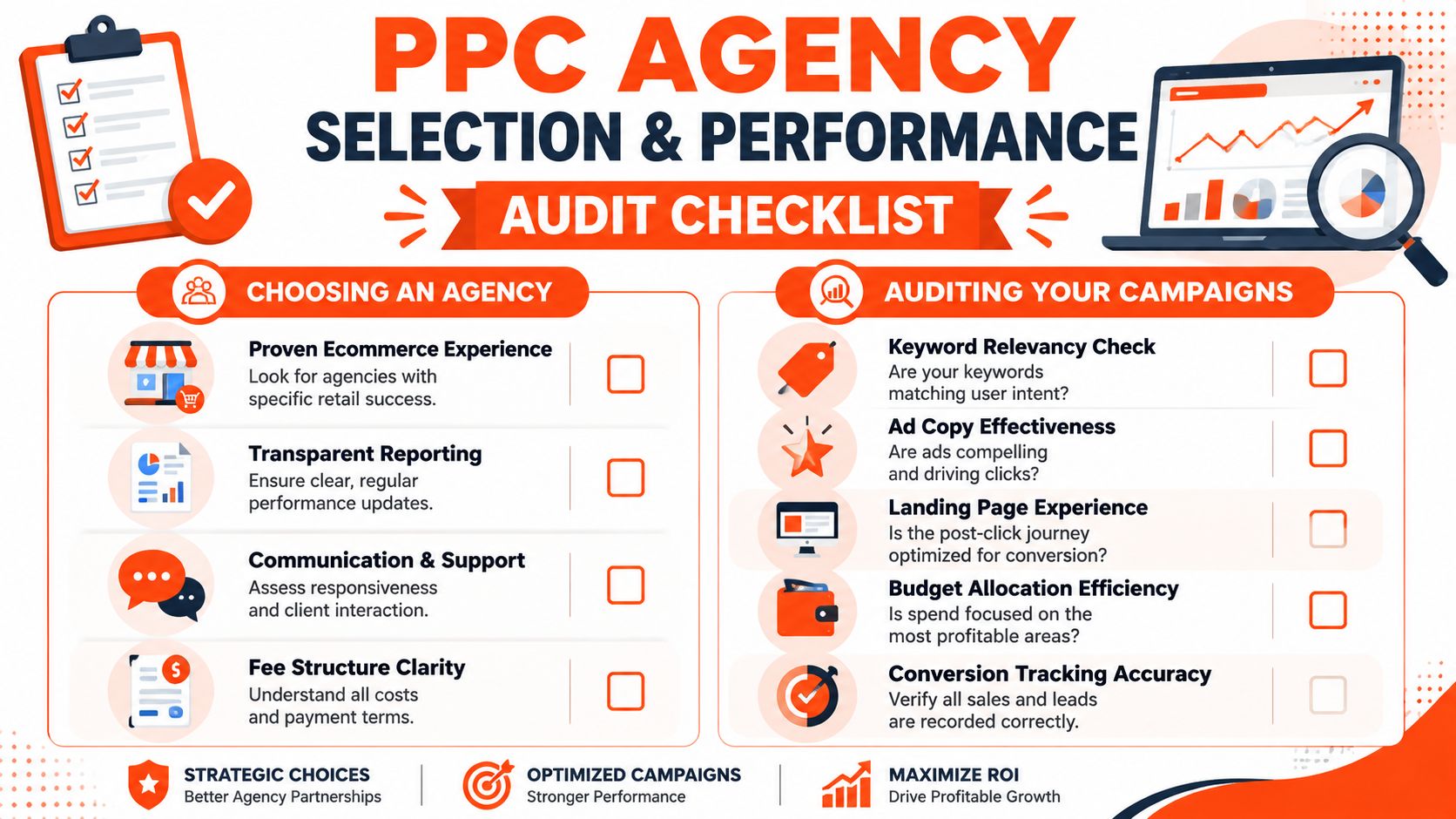An infographic checklist for selecting a PPC agency and performing a performance audit for ecommerce advertising campaigns.