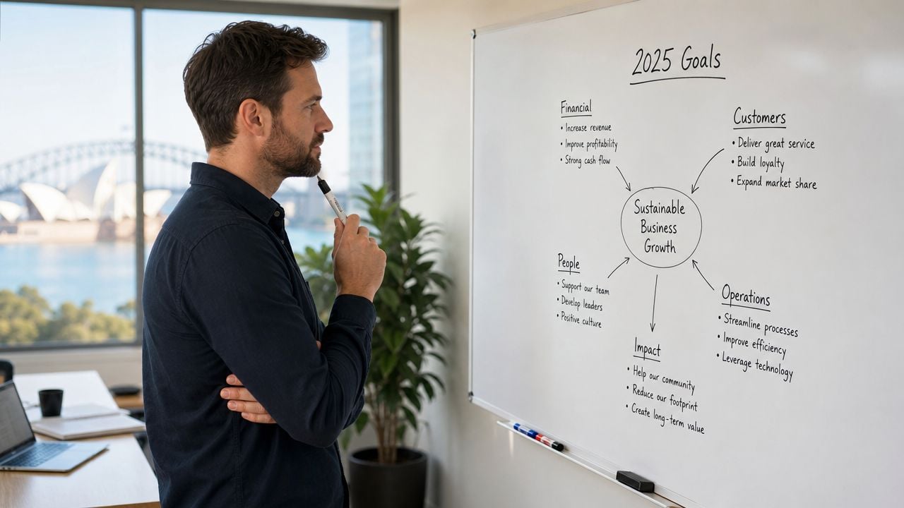 A professional man standing in an office looking at a whiteboard outlining 2025 business growth goals.