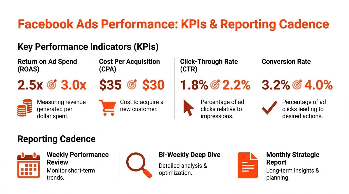 A performance report chart showing Facebook Ads KPIs including ROAS, CPA, CTR, and conversion rate targets.