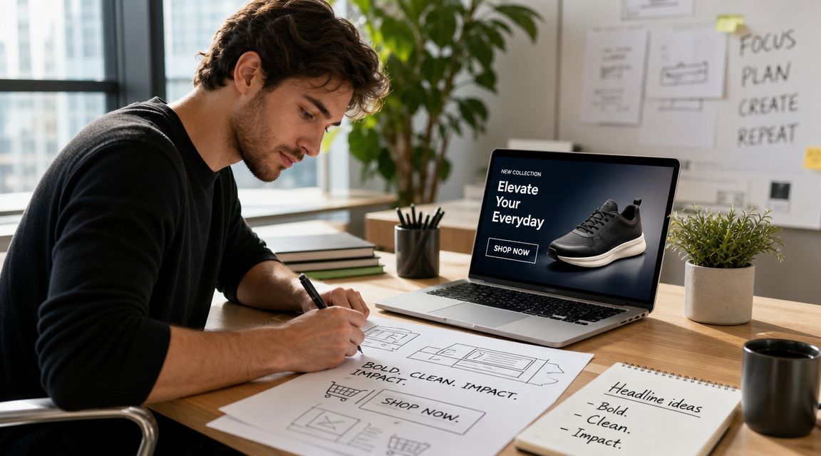 A male graphic designer working on e-commerce website layouts for shoe marketing at his desk.