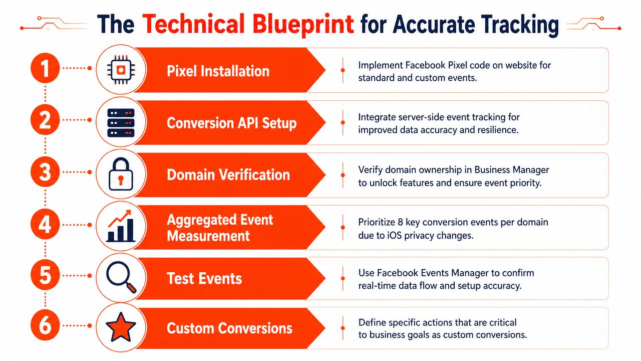 A six-step technical blueprint infographic outlining the essential process for setting up accurate Facebook tracking.