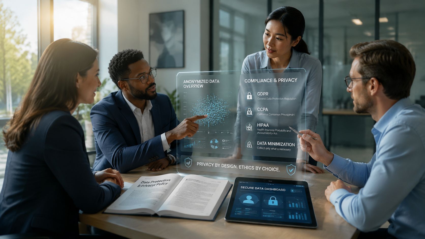 A professional team reviews privacy compliance data on a digital holographic display in a modern office boardroom.