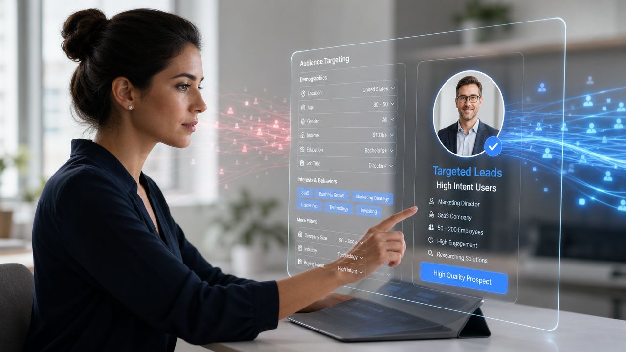 A professional woman interacting with a futuristic holographic digital interface for audience targeting and lead generation.