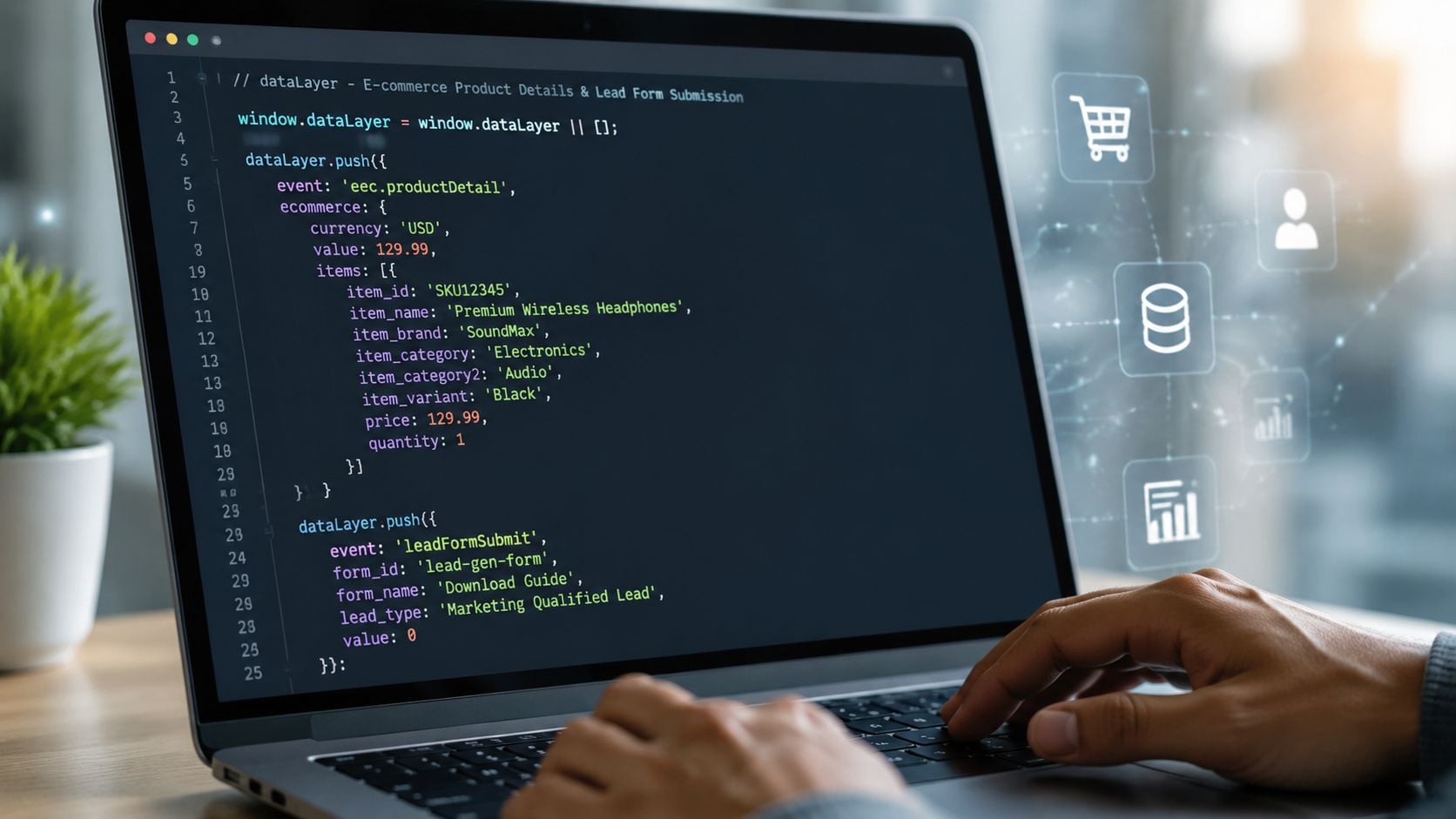 A person coding an e-commerce data layer setup for tracking products and lead form submissions on laptop.