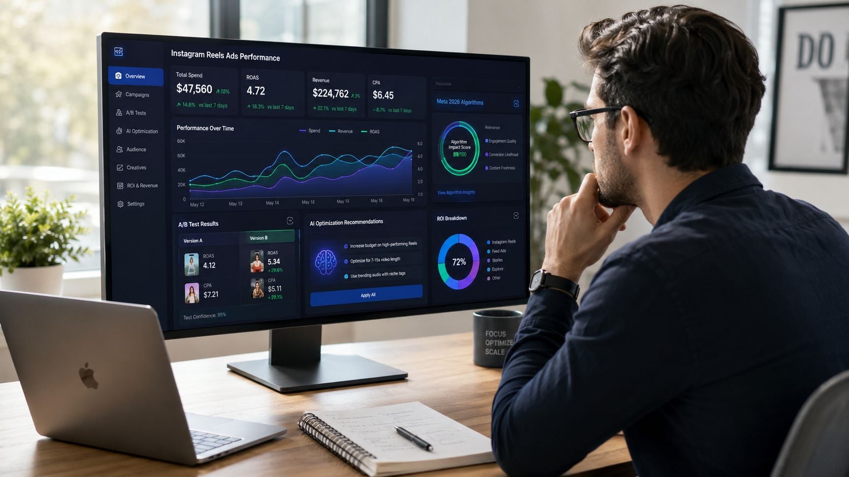 A professional man working on a desktop computer displaying detailed Instagram Reels advertising performance and analytics dashboard.