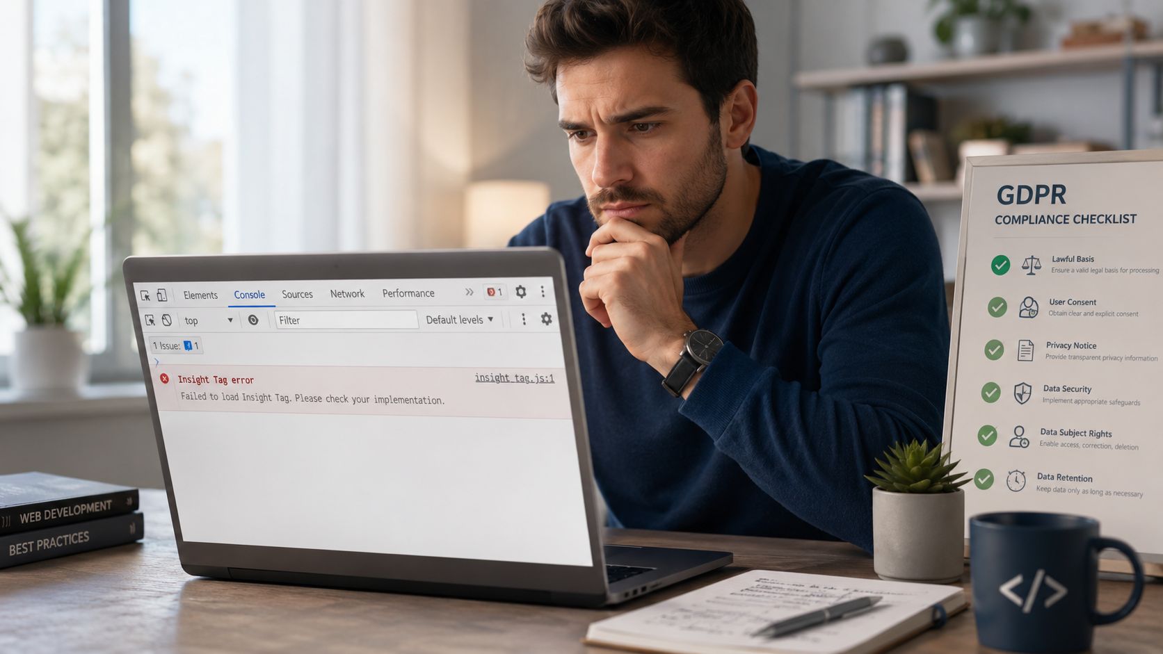 A web developer looking at a computer screen displaying an Insight Tag error message in the console.