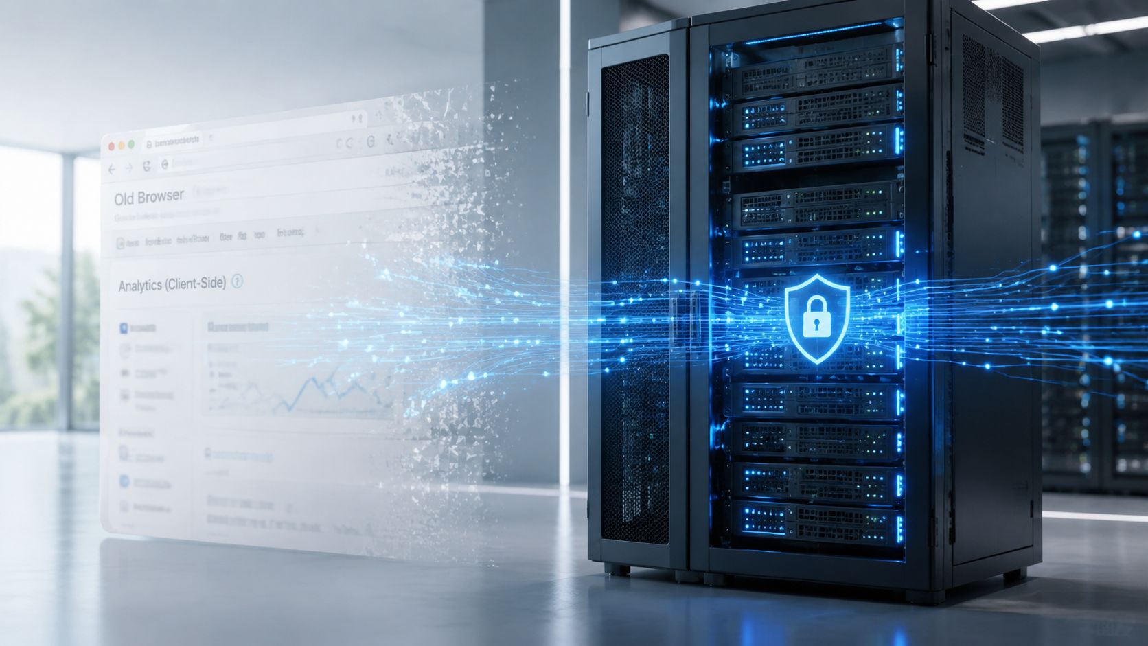 A conceptual digital illustration showing secure data transfer from a browser to a protected server rack.