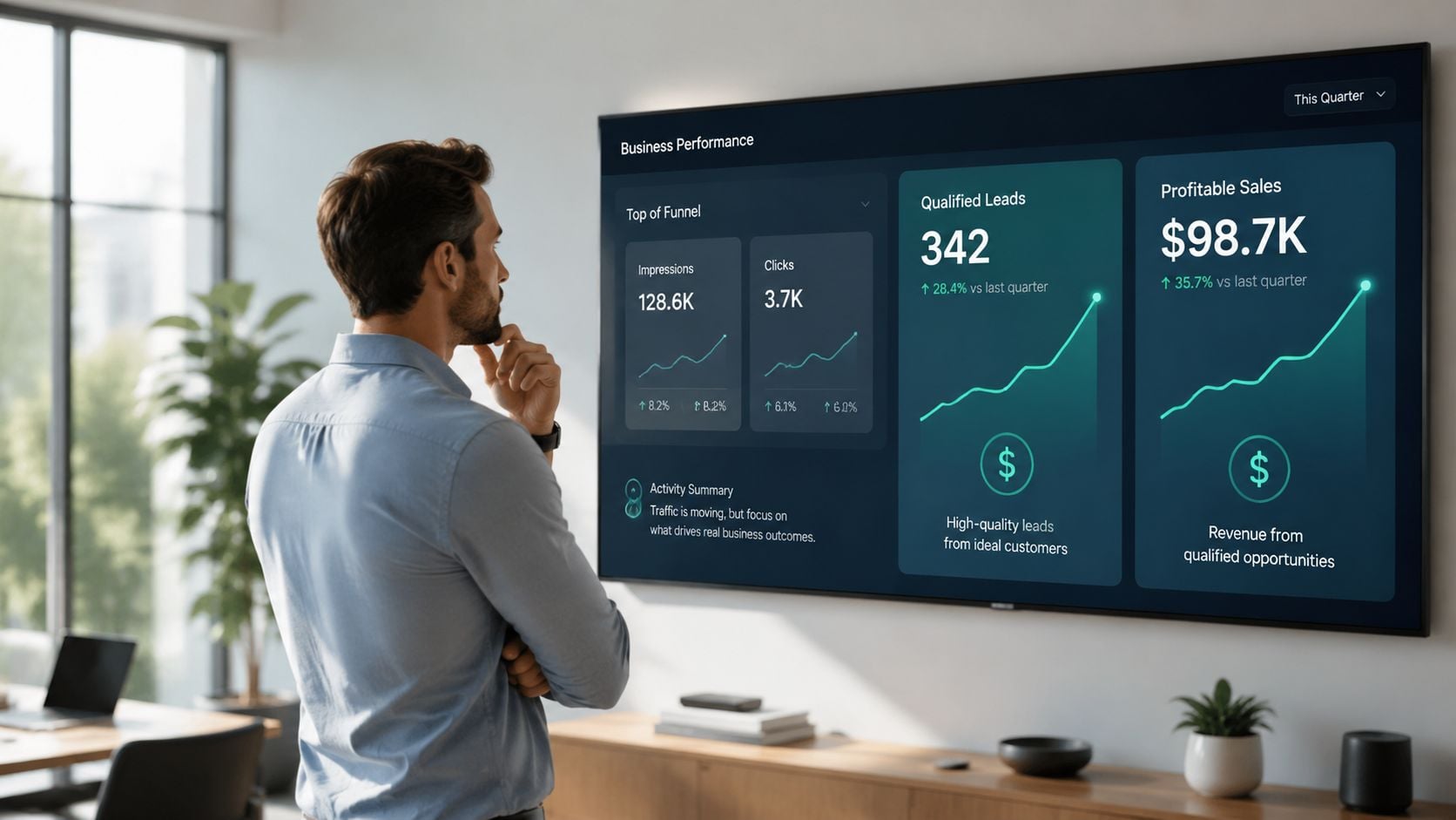 A professional man contemplating a business performance dashboard screen displaying marketing analytics and financial growth data.