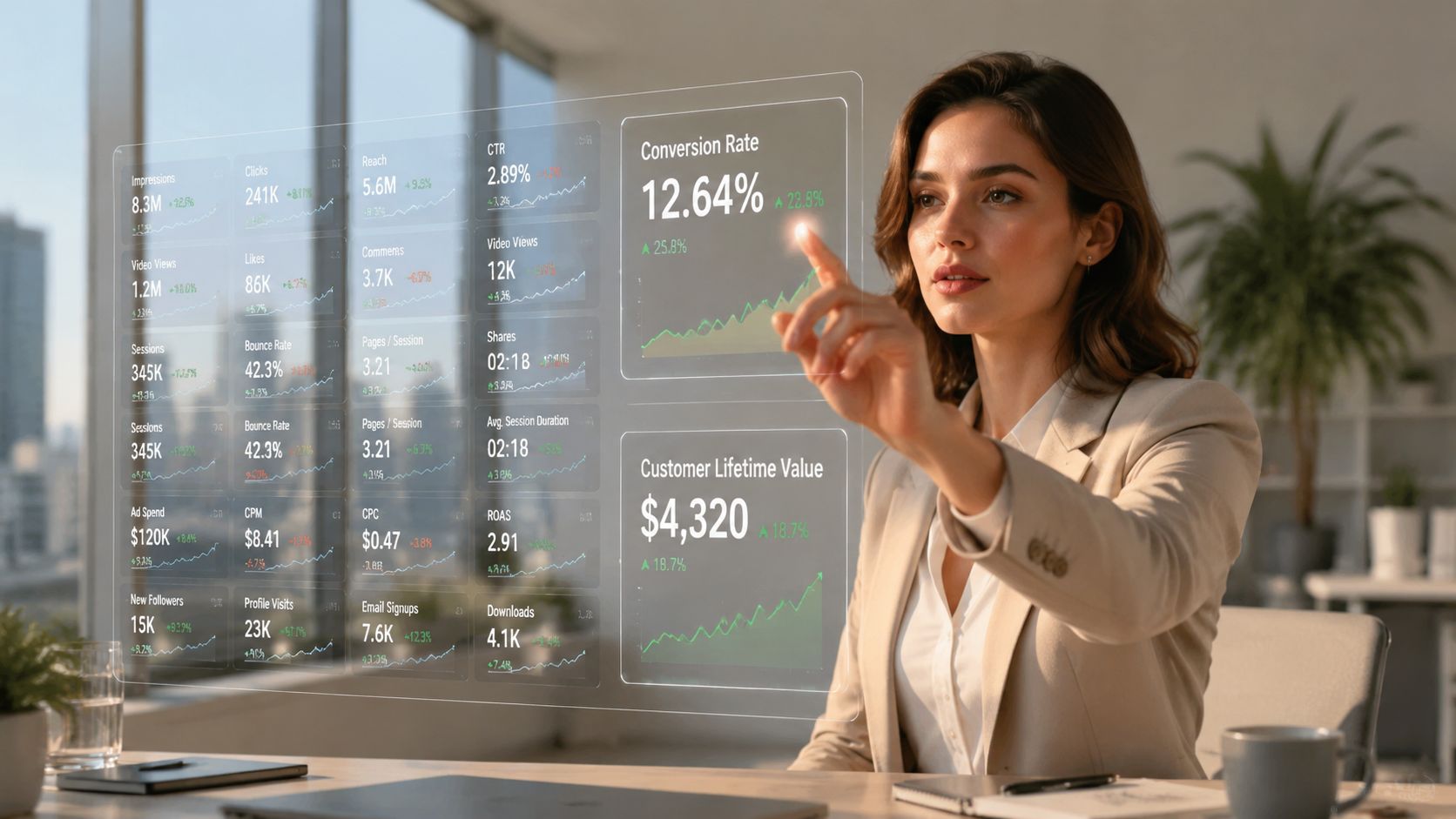 A professional woman interacting with a futuristic digital interface showing marketing metrics and financial analytics data.