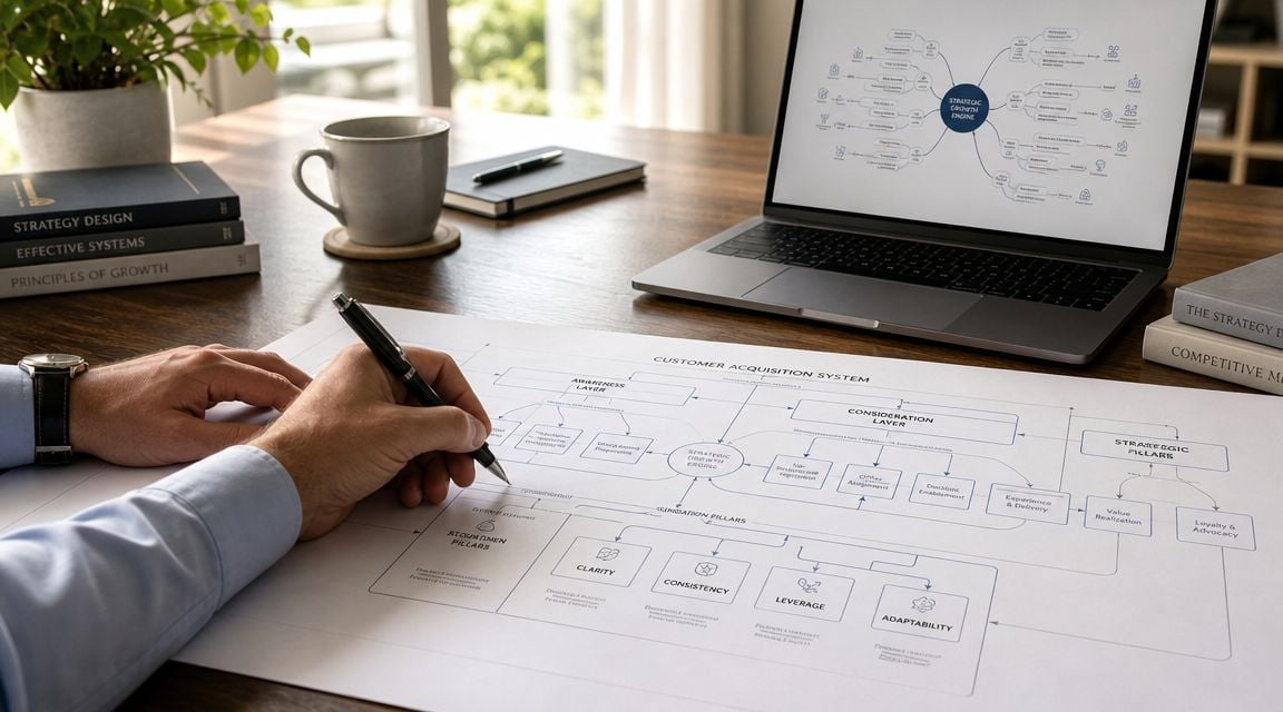 A professional working at a desk, sketching a customer acquisition system diagram on a large paper.
