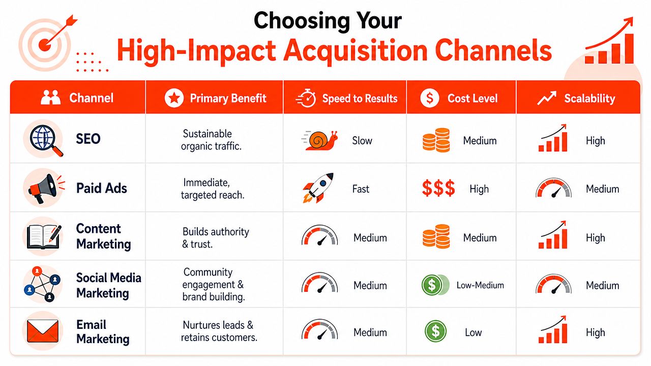 A table comparing digital marketing channels including SEO, paid ads, content, social media, and email marketing.