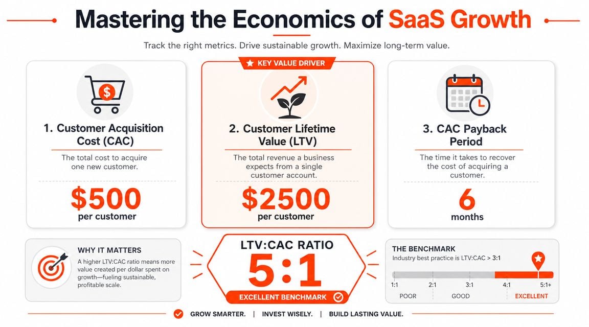 An infographic titled Mastering the Economics of SaaS Growth illustrating key metrics like CAC, LTV, and LTV:CAC ratio.
