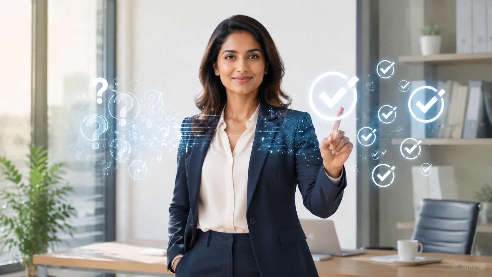 A professional woman in a suit pointing at digital checkmark and question mark symbols in an office.