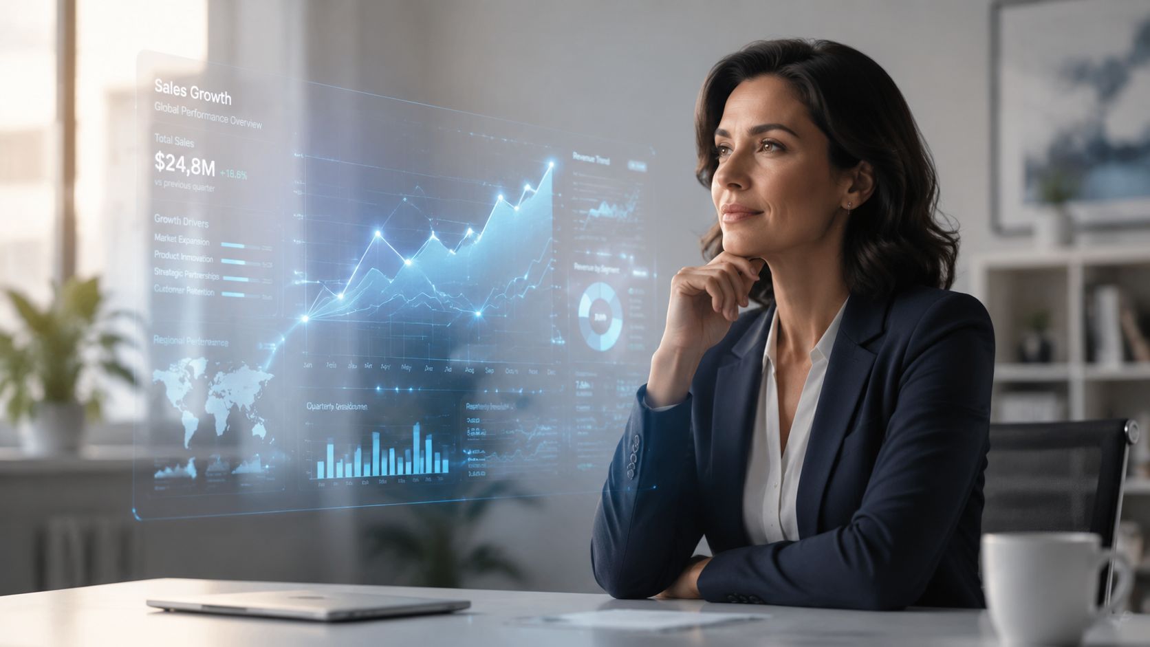 A professional businesswoman viewing a glowing holographic sales growth performance dashboard floating in her office.