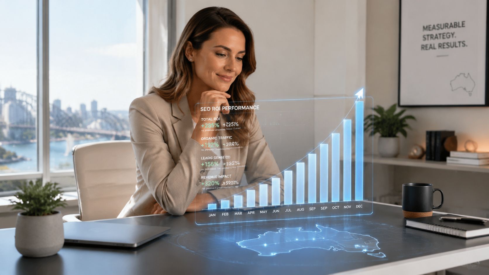 A businesswoman looking at a holographic chart showcasing successful SEO ROI performance across Australia in an office.