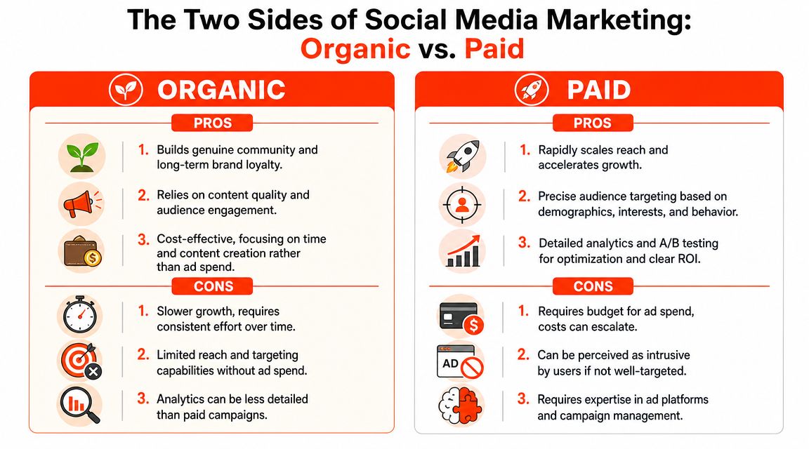 A comparison infographic detailing the pros and cons of organic versus paid social media marketing strategies.