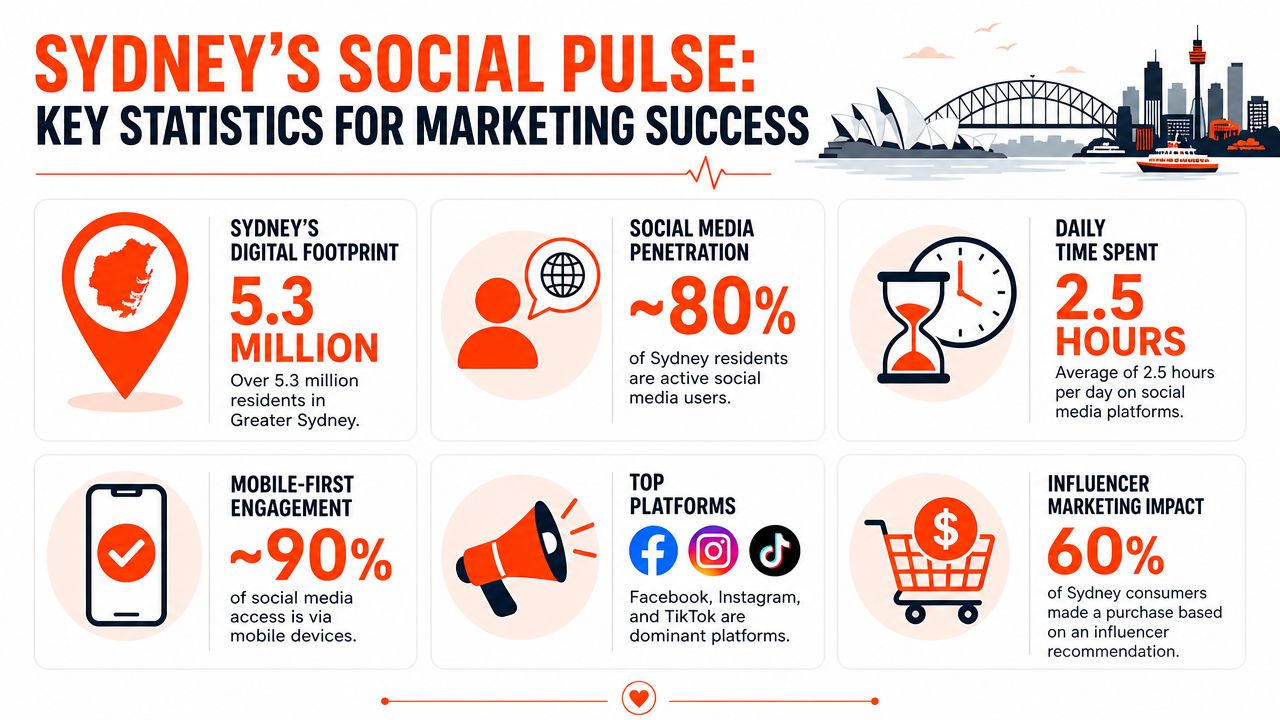 An infographic titled Sydney's Social Pulse showing marketing statistics including social media usage, mobile access, and consumer trends.