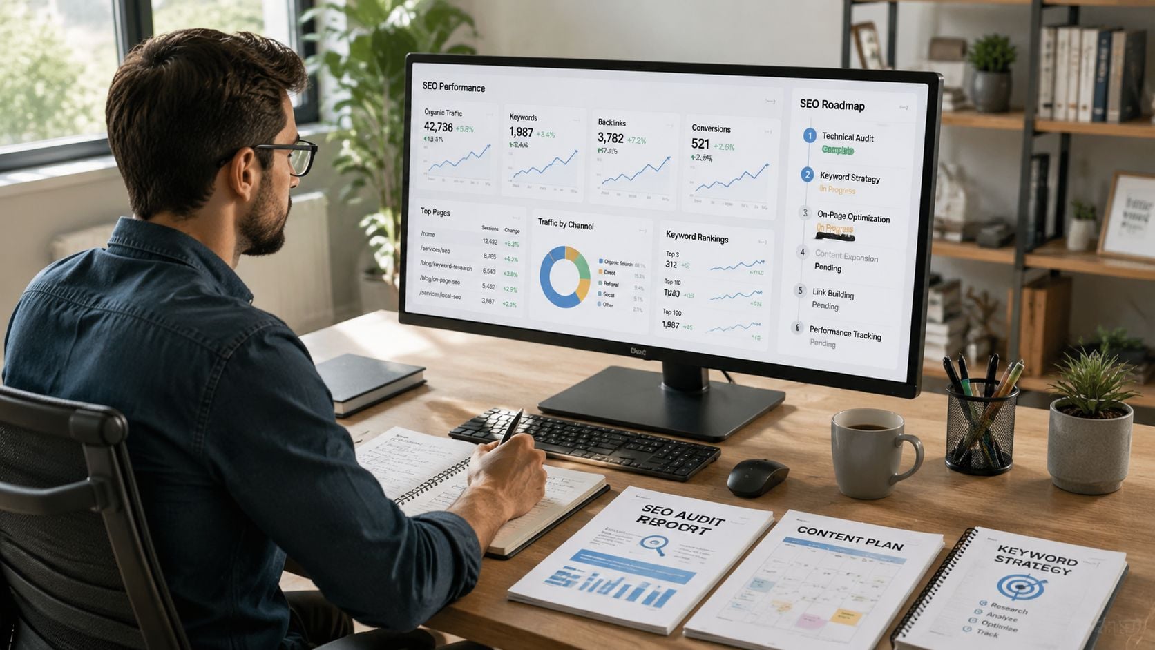 A professional search engine optimization specialist working at his desk with data analytics and strategy reports.