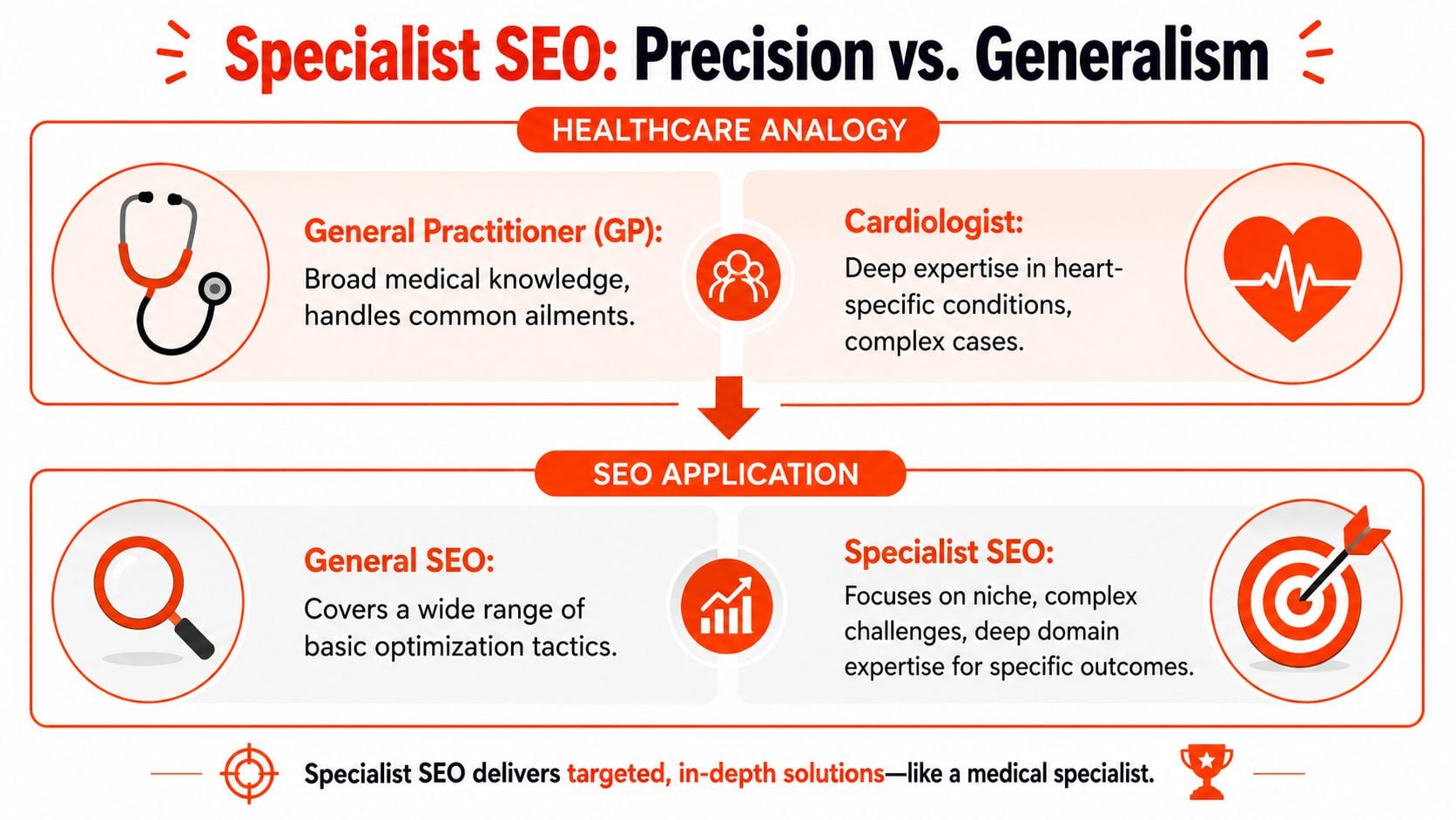 An infographic comparing general SEO to specialist SEO using a medical practitioner and cardiologist analogy.