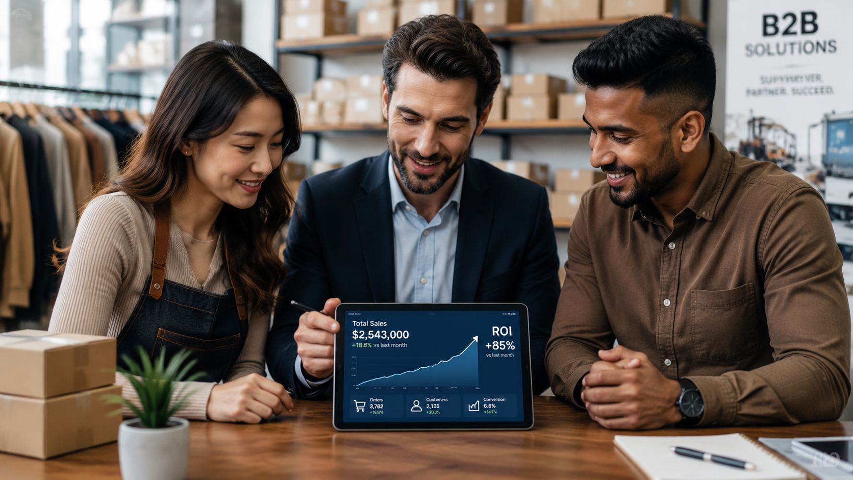 Three business professionals reviewing positive sales data and ROI metrics on a tablet in a warehouse.