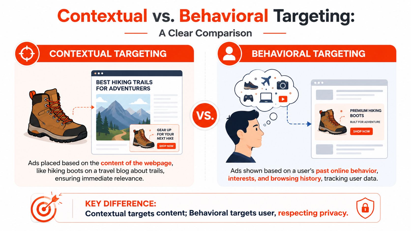 An infographic comparing contextual targeting and behavioral targeting for digital advertising strategies.