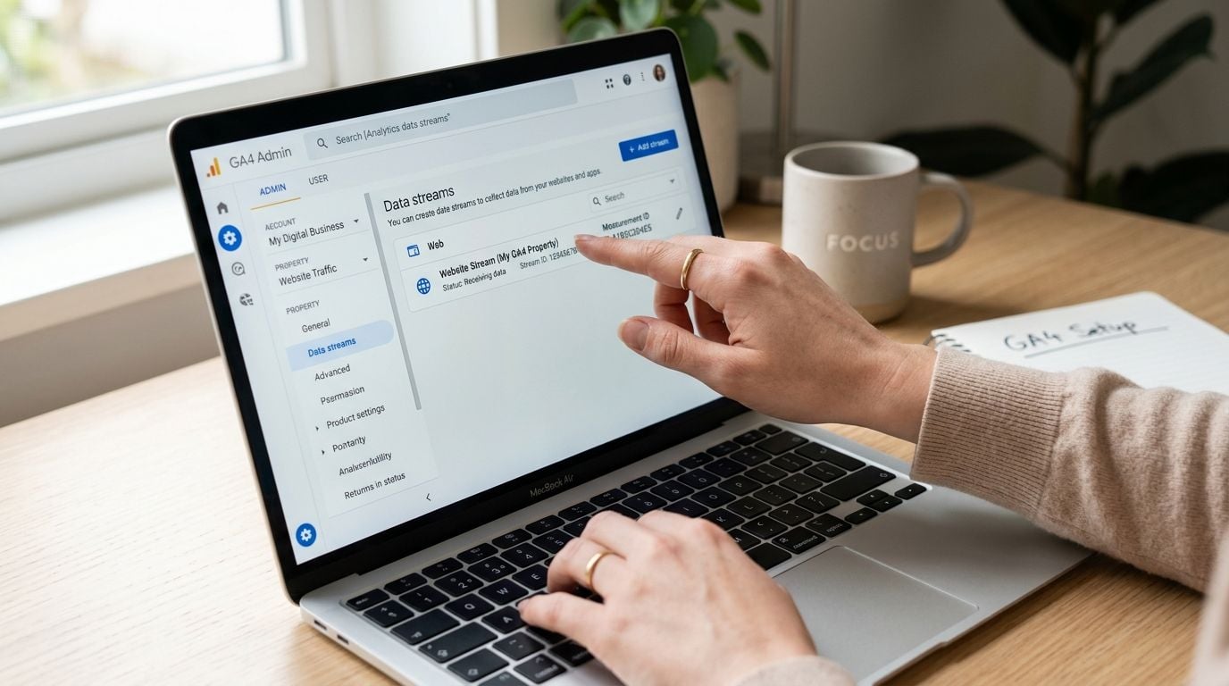 A person using a laptop to configure Google Analytics 4 data streams for website tracking.