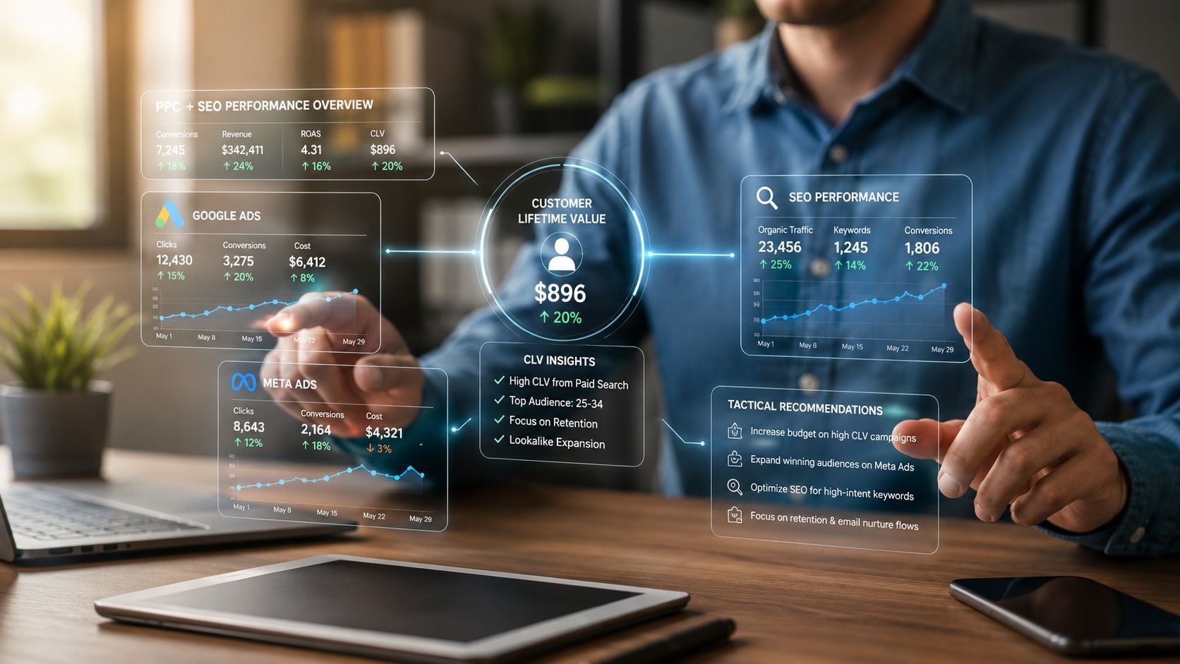 A professional analyzing digital marketing data including customer lifetime value and performance metrics on a virtual interface.