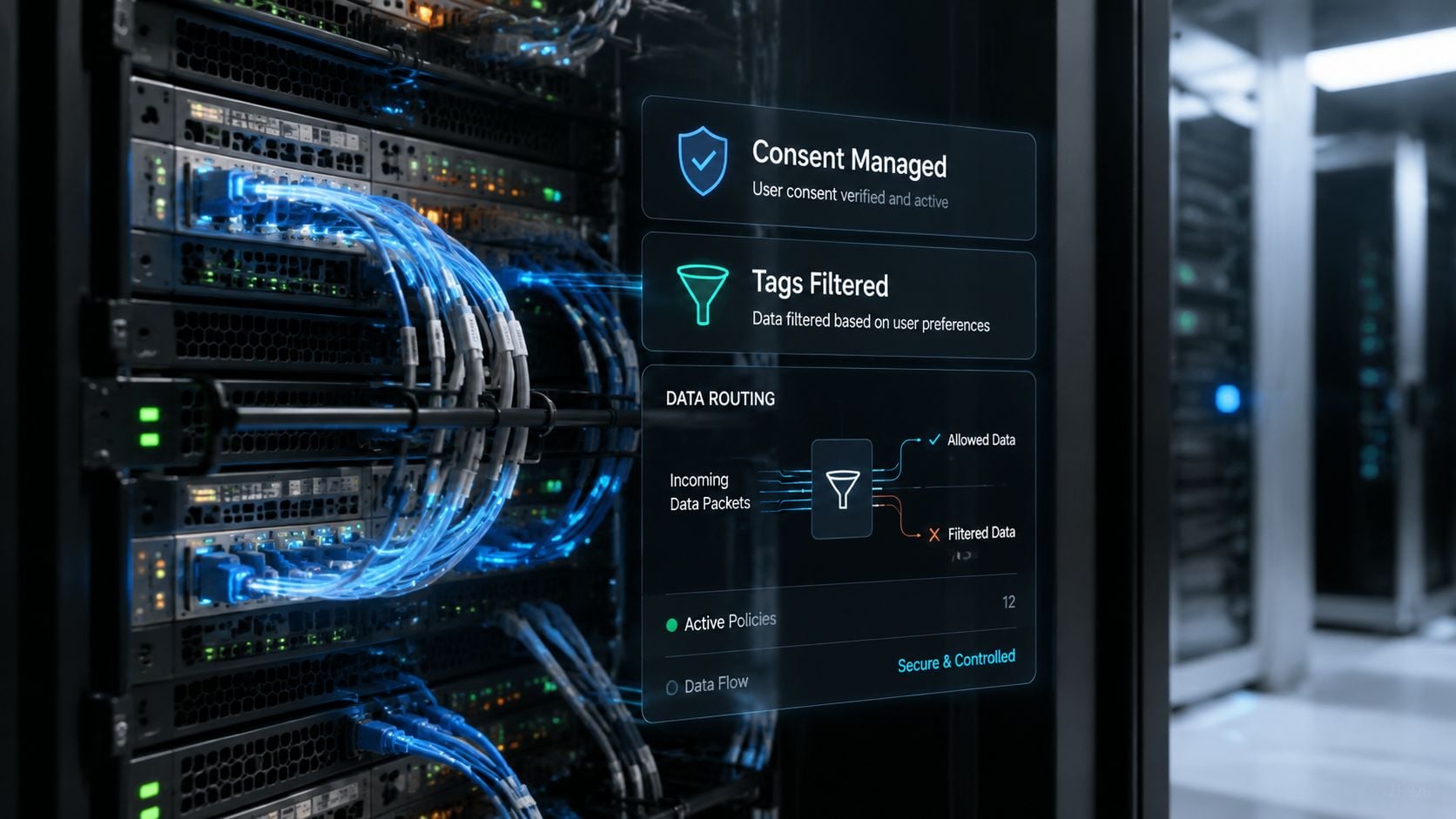 A digital interface showing data privacy compliance, consent management, and secure data routing in a server room.