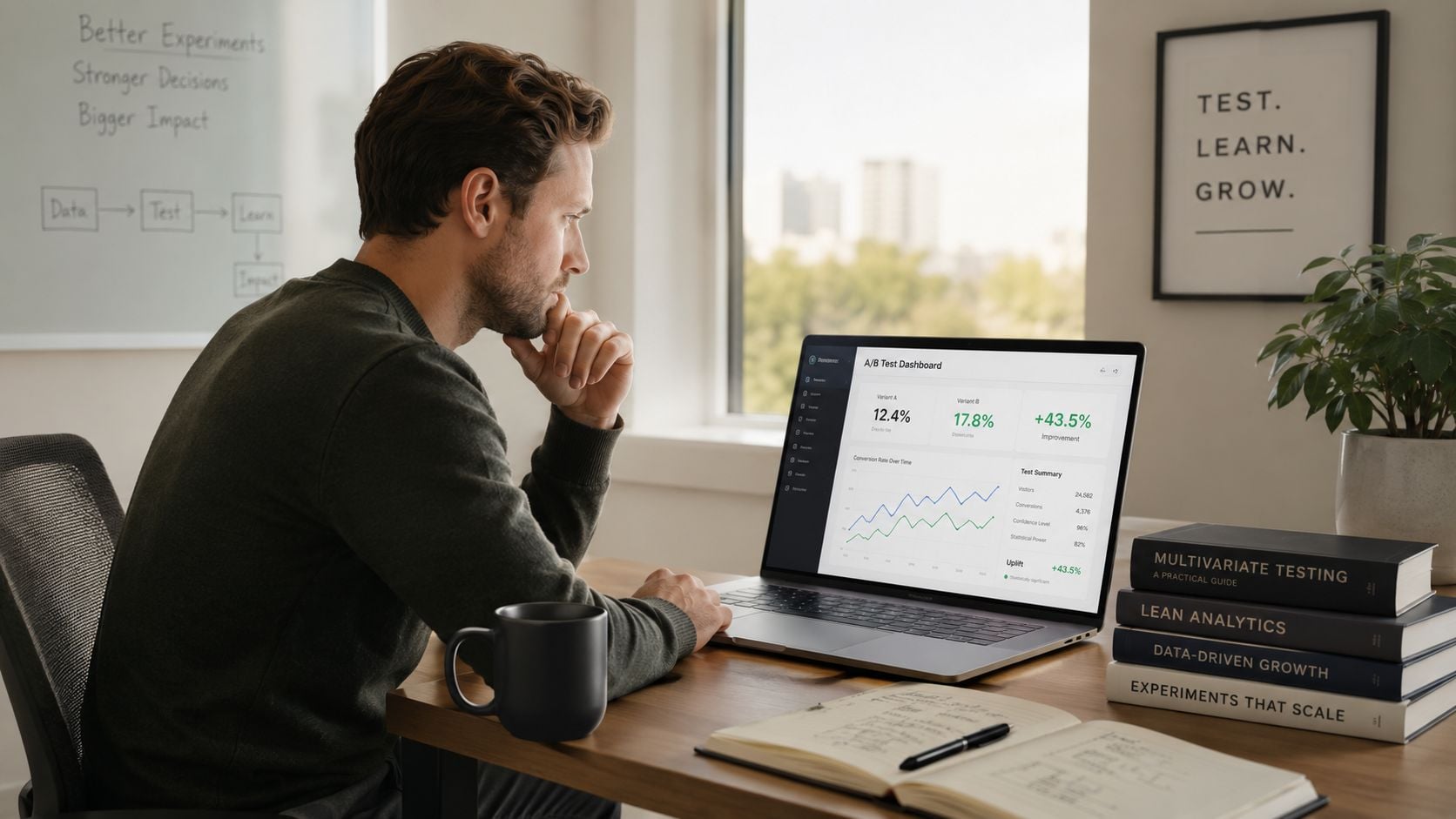 A professional analyzing an A/B test dashboard on his laptop while studying books on multivariate testing.