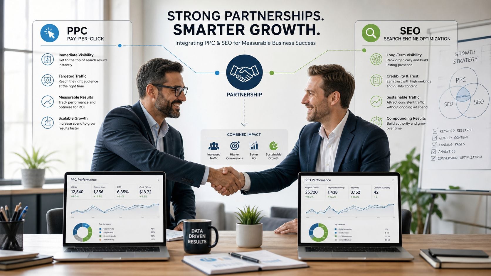 Two professional men shaking hands over a desk with laptops displaying digital marketing analytics and performance data.