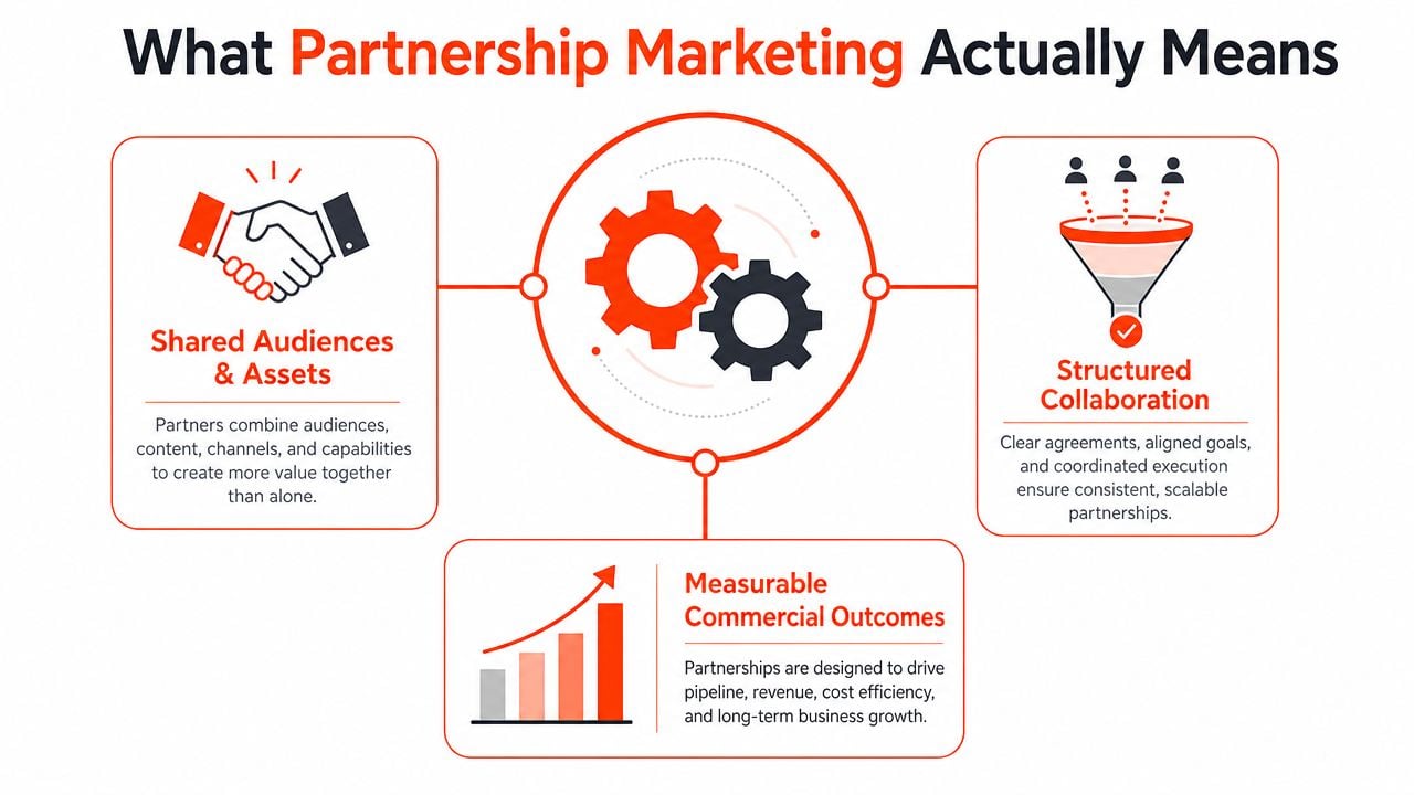A marketing infographic illustrating the three core components of partnership marketing: shared assets, structured collaboration, and outcomes.