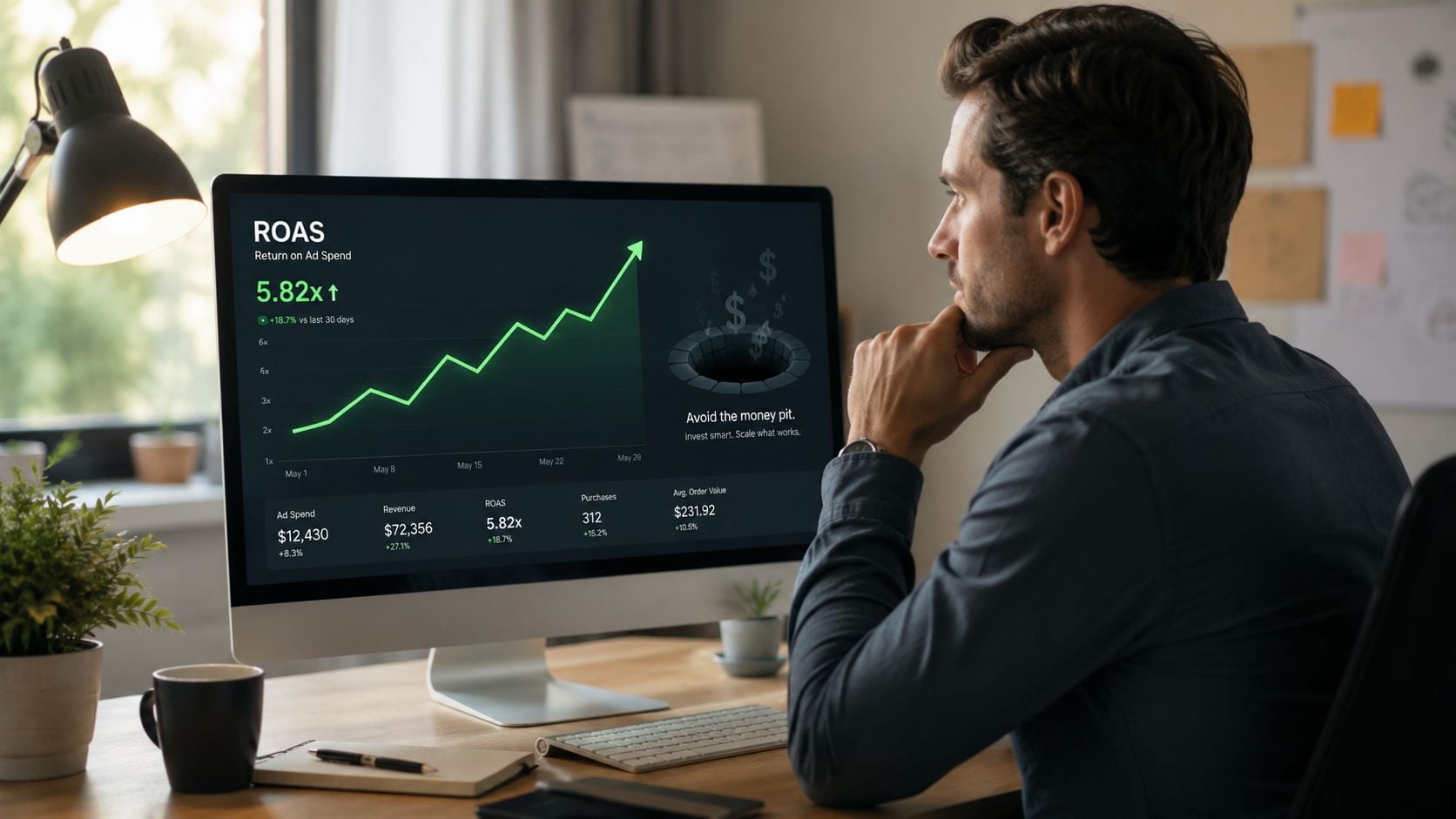 A professional man analyzing a digital chart displaying Return on Ad Spend growth on a computer screen.