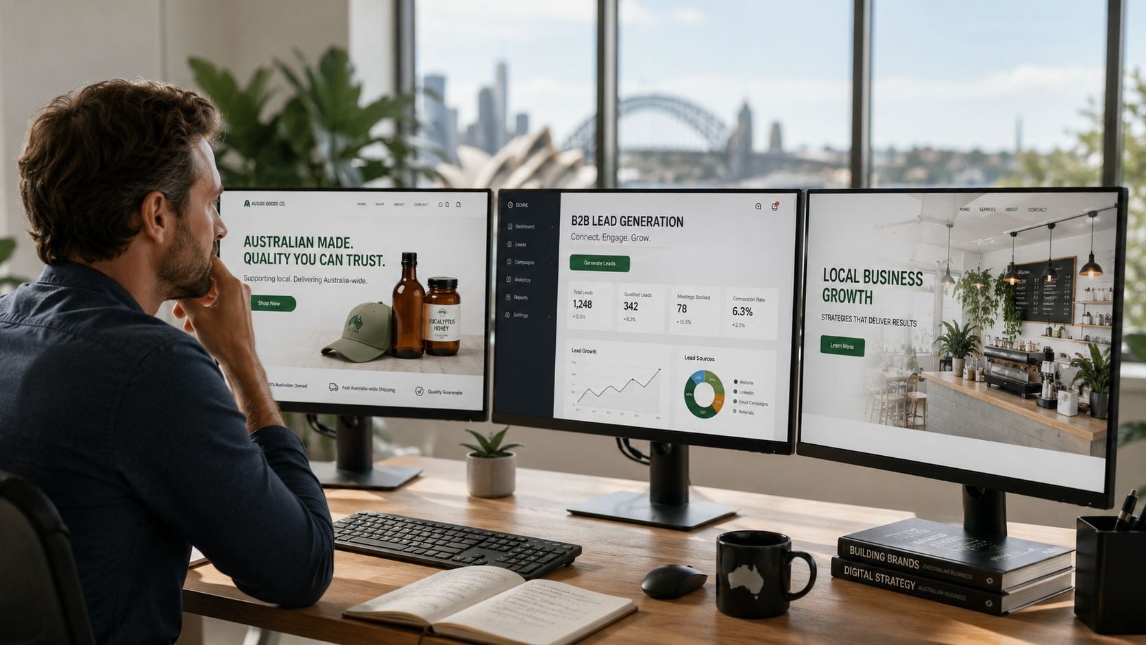 A professional analyzing business performance metrics and digital marketing strategies on three computer monitors in an office.