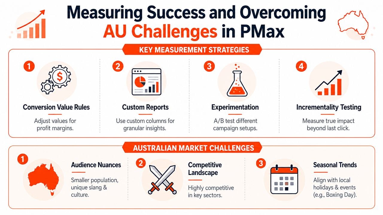 An infographic detailing key measurement strategies for Australian Performance Max campaigns and overcoming local market challenges.