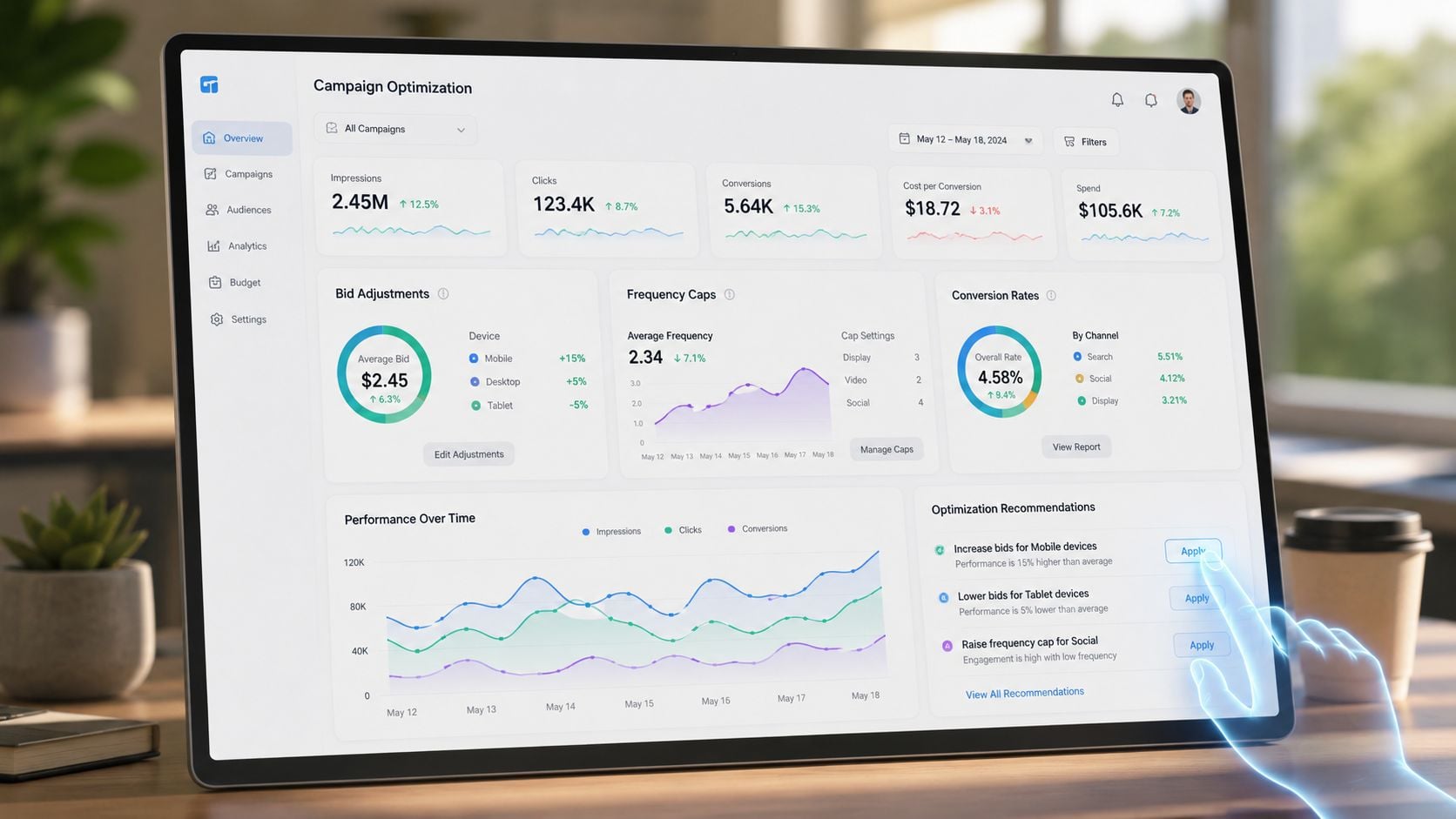 A digital dashboard showing campaign optimization metrics on a computer screen being adjusted by a virtual hand.