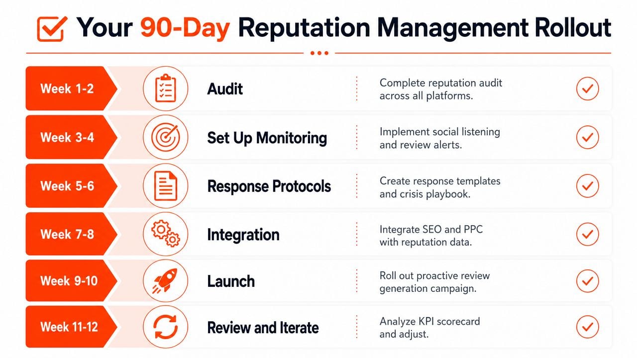 A 90-day reputation management rollout plan infographic featuring six steps from initial audit to final review.