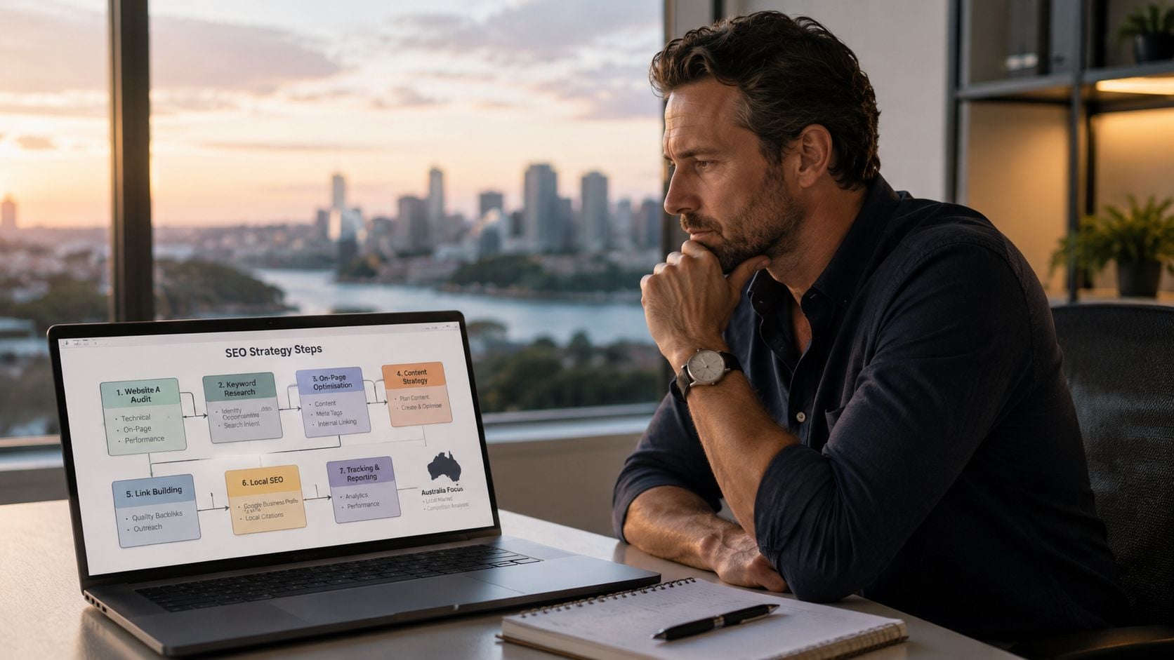 A professional man reviewing an SEO strategy flowchart on his laptop in a modern office overlooking Sydney.