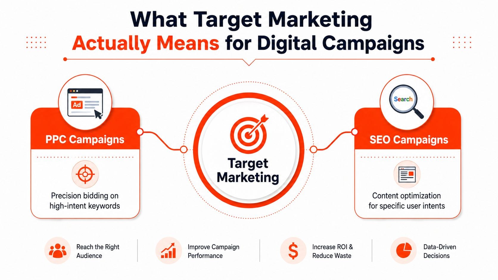 A marketing infographic explaining how PPC and SEO campaigns function within a broader target marketing strategy.