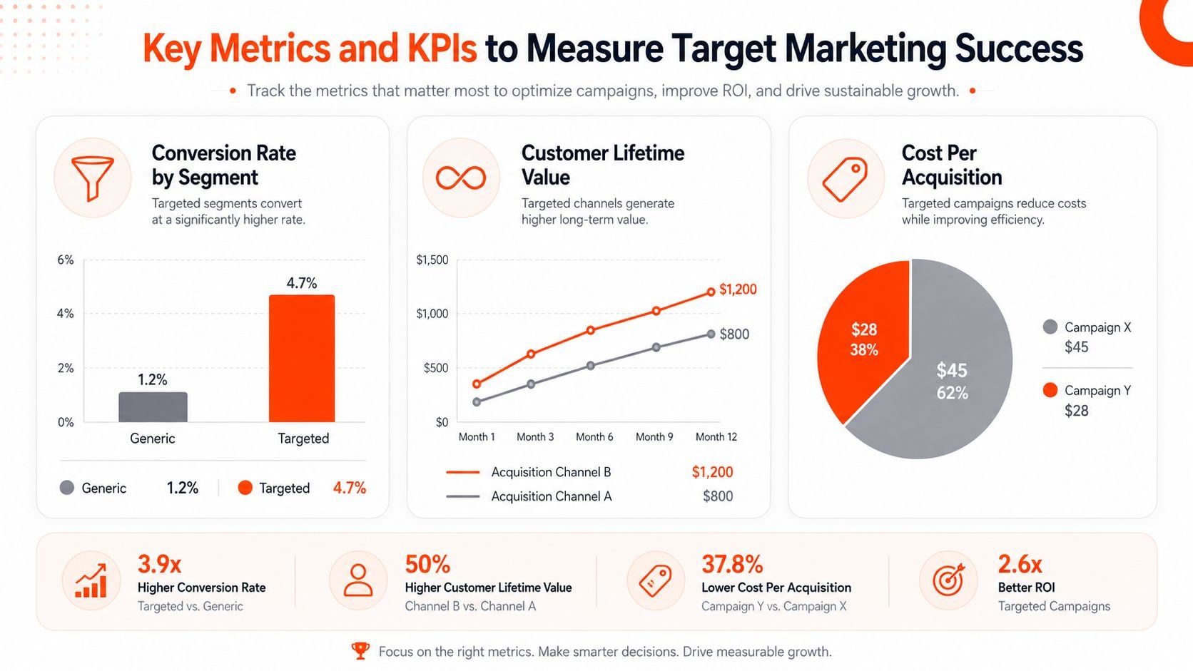 An infographic showing key performance indicators and marketing metrics for evaluating the effectiveness of target marketing strategies.